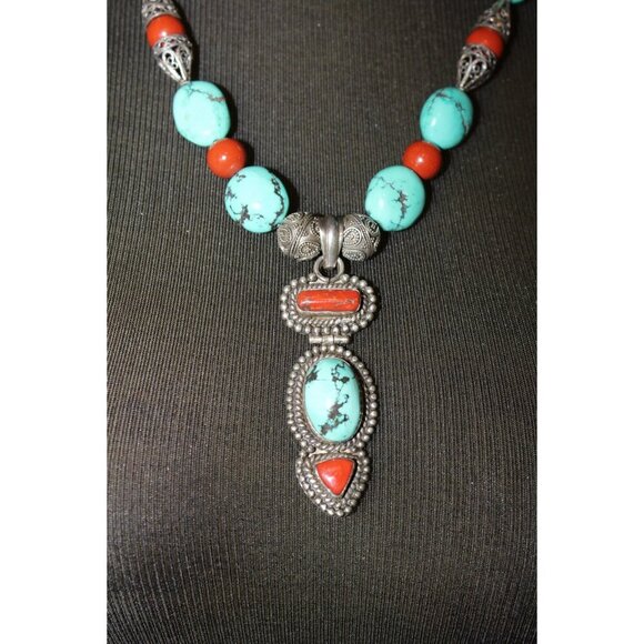 Vintage Turquoise & Coral Necklace Sterling Silver 115.4g Tribal Native American - Picture 11 of 13